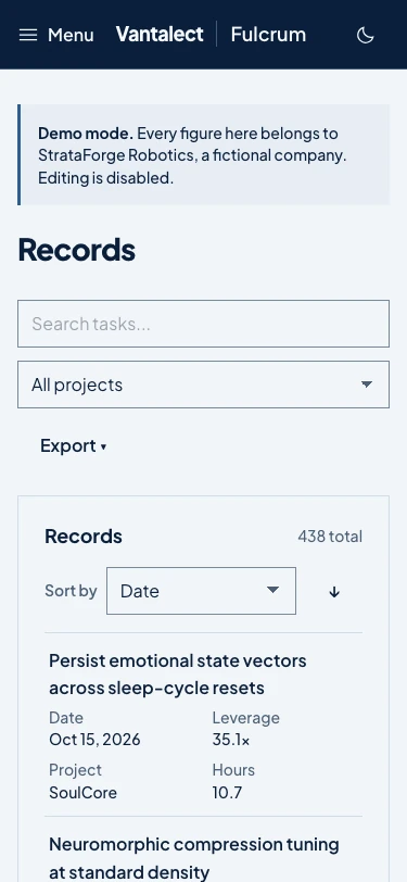 The Fulcrum records list on a phone with search, a project filter, and stacked record cards (light theme).