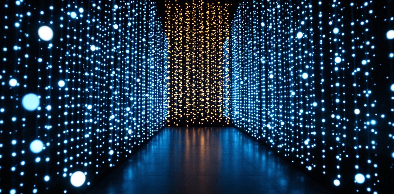 A dark hall filled with a three-dimensional lattice of tiny blue lights with a cluster glowing amber.