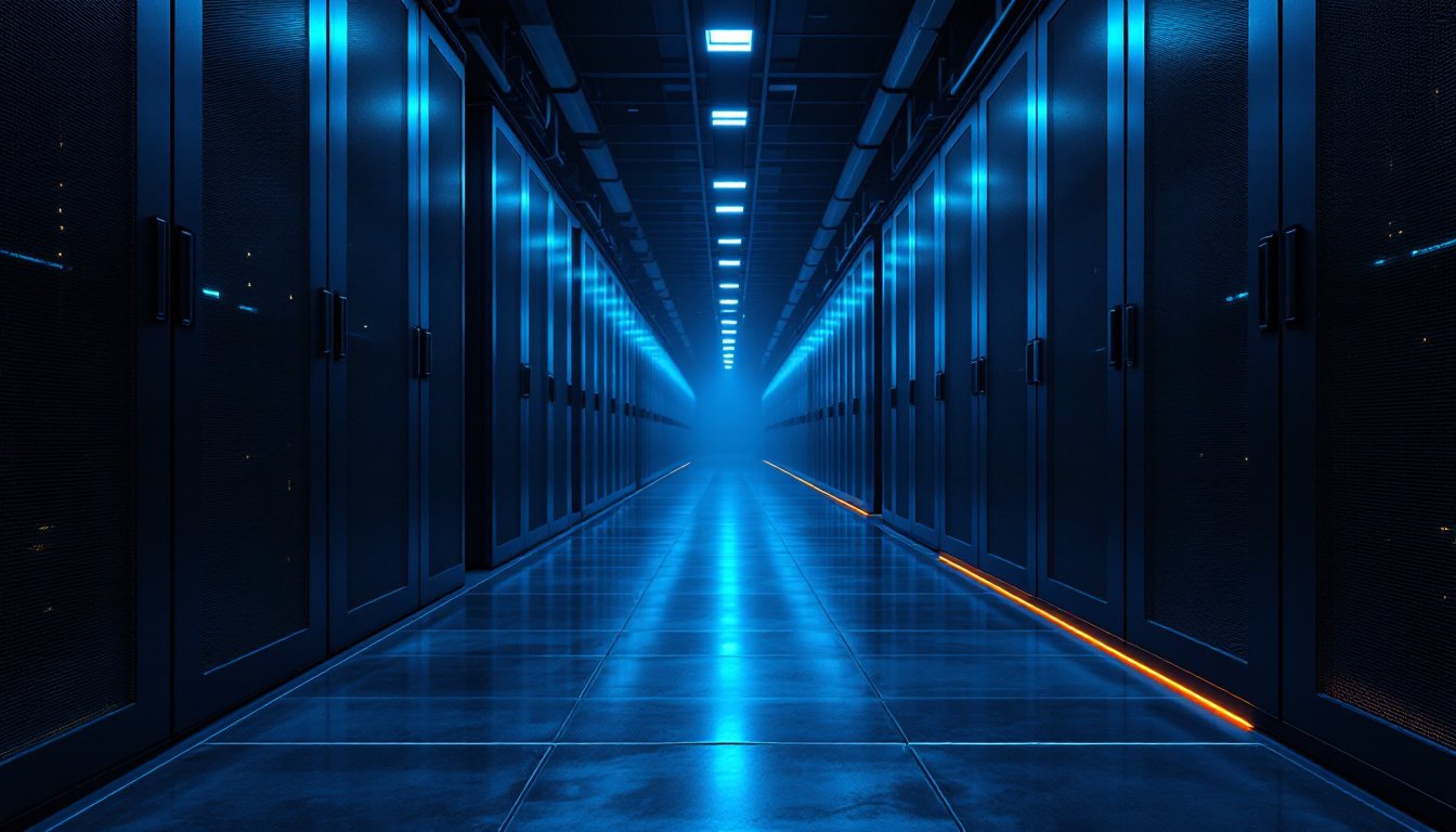 A pristine data center corridor in steel blue light with a single amber guide line running along the floor.