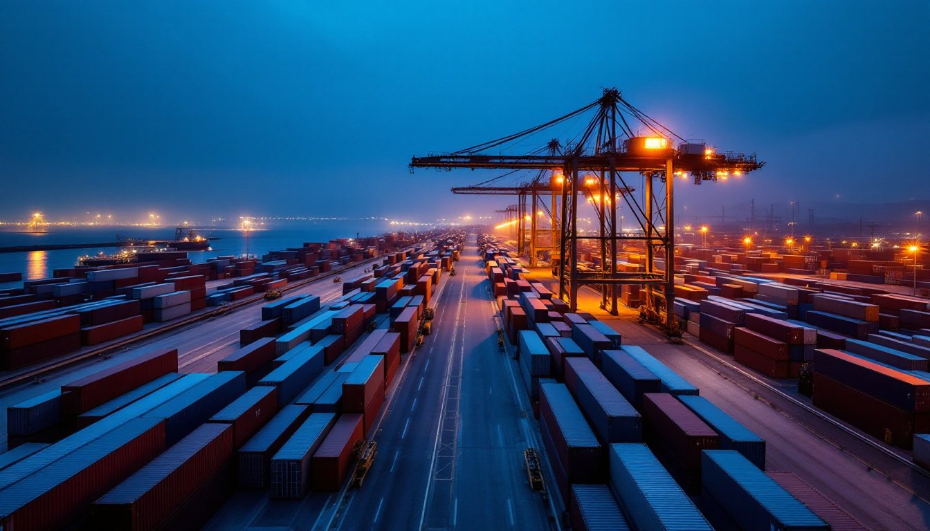 A container terminal at blue hour, steel containers stacked in ordered blocks with clear aisles between them, one amber lamp on a gantry crane.