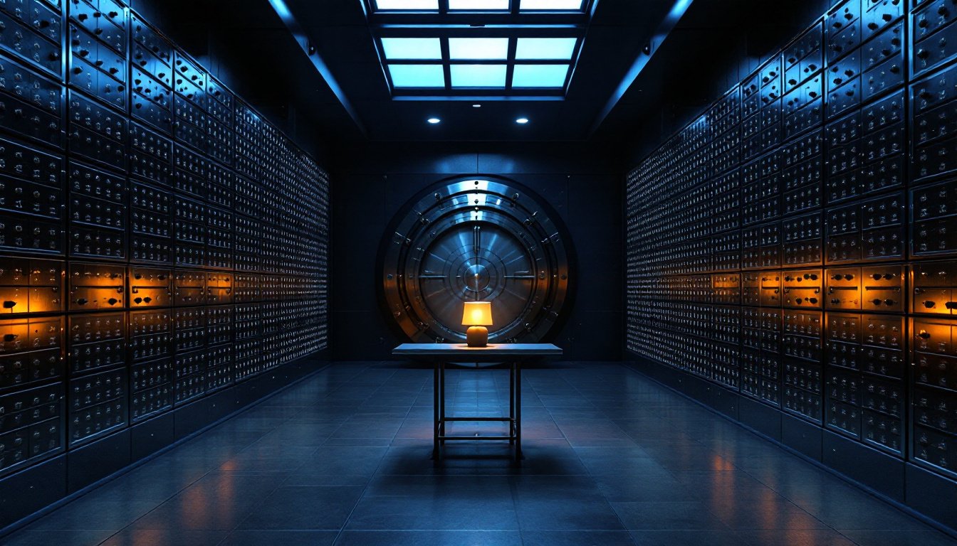 A vault of steel safe-deposit boxes in separate bays at blue hour, a round vault door open at the far end, one amber lamp on a reading table.