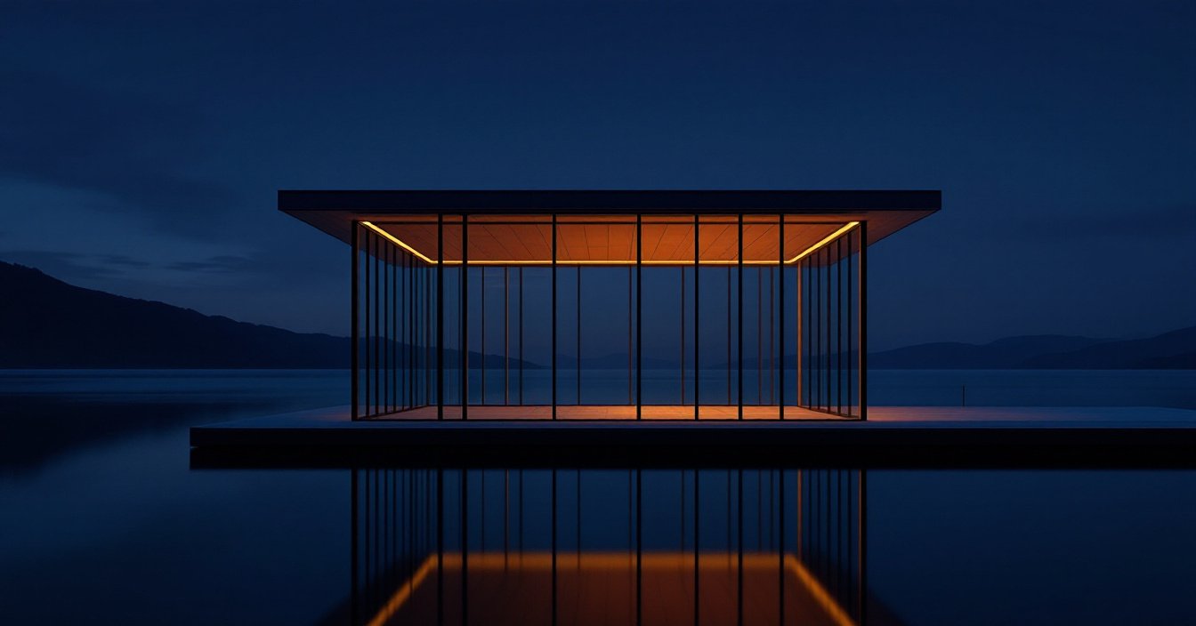 A glass-and-steel pavilion at blue hour on a still lake, one warm light glowing inside.