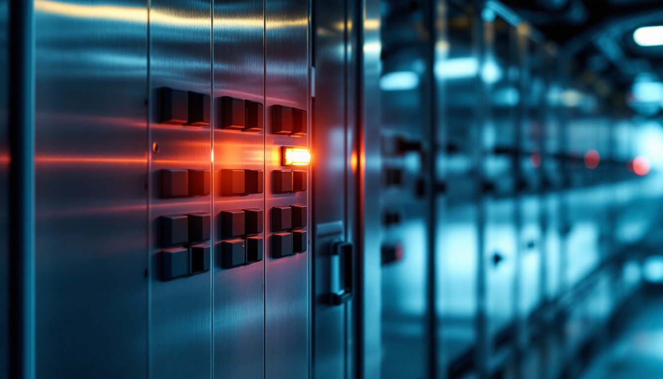 A brushed steel electrical cabinet with rows of dark square switches, one lit by a small amber indicator, more cabinets receding in blue light.