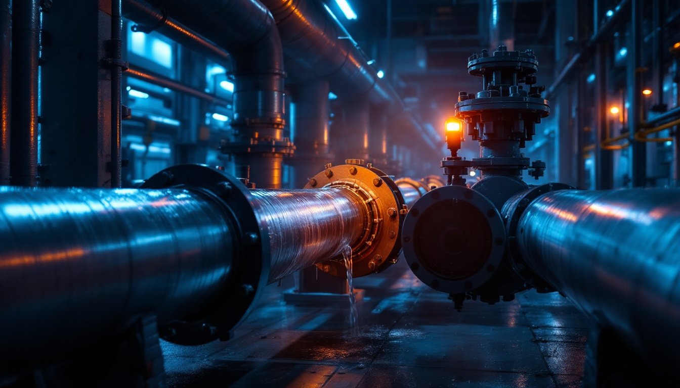 Large steel pipes and a flanged valve in a dark, blue-lit industrial plant, with one amber indicator lamp glowing on the valve.