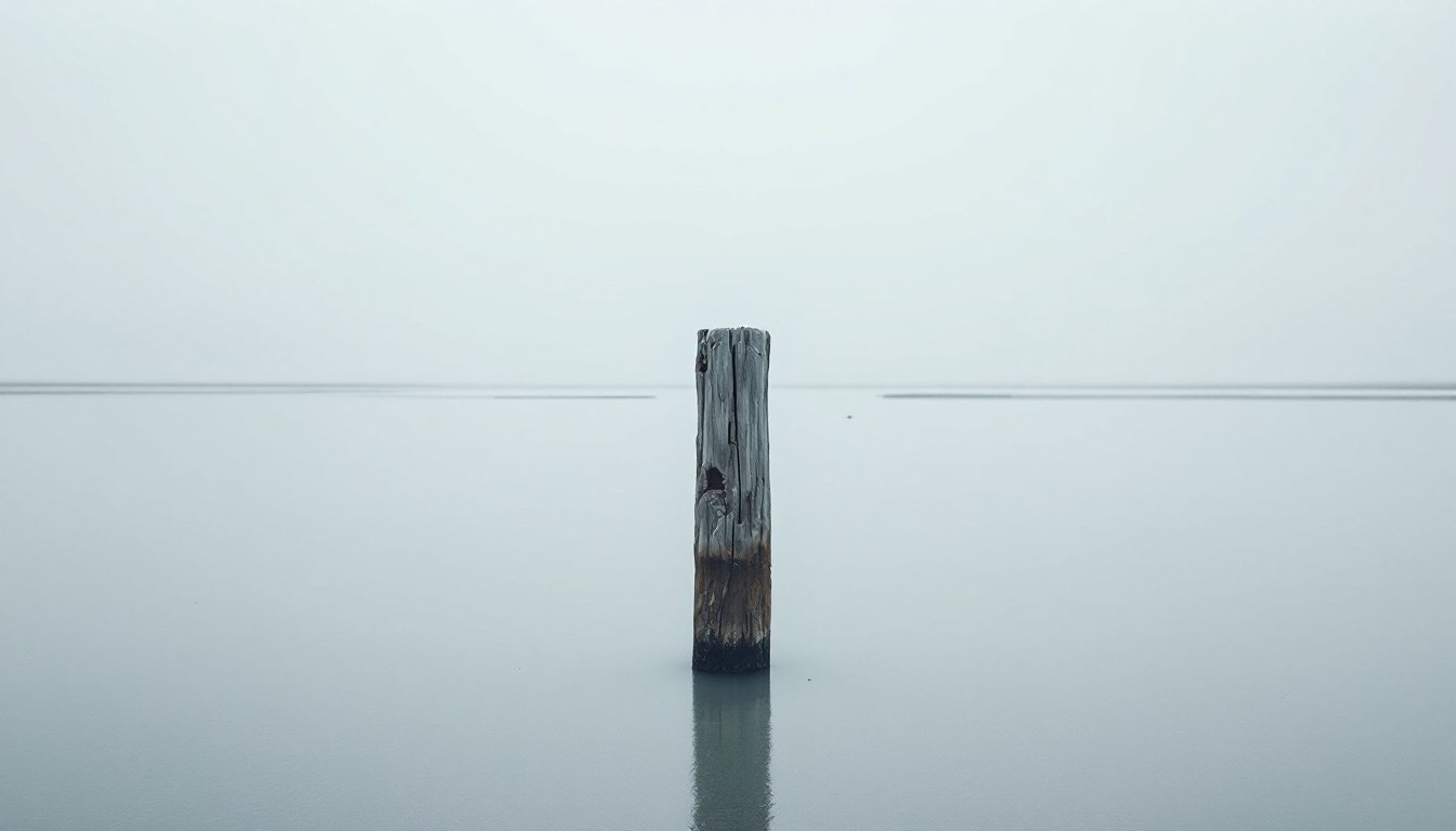 A single weathered wooden post standing alone in a silver tidal flat at low tide, mirrored in the still shallow water under a flat overcast sky.