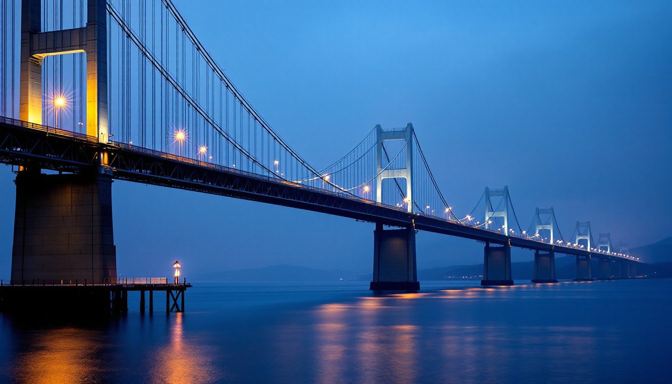 A long suspension bridge at blue hour, identical towers receding over still water, amber lamps glowing on the nearest tower and a small pier.